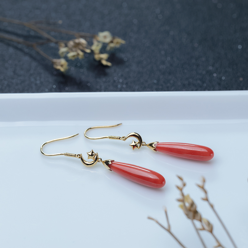 沙丁珊瑚水滴耳坠-红掌柜