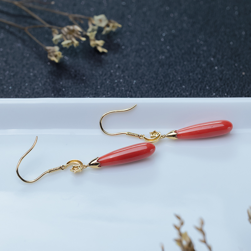 18K金镶珊瑚水滴耳坠-红掌柜