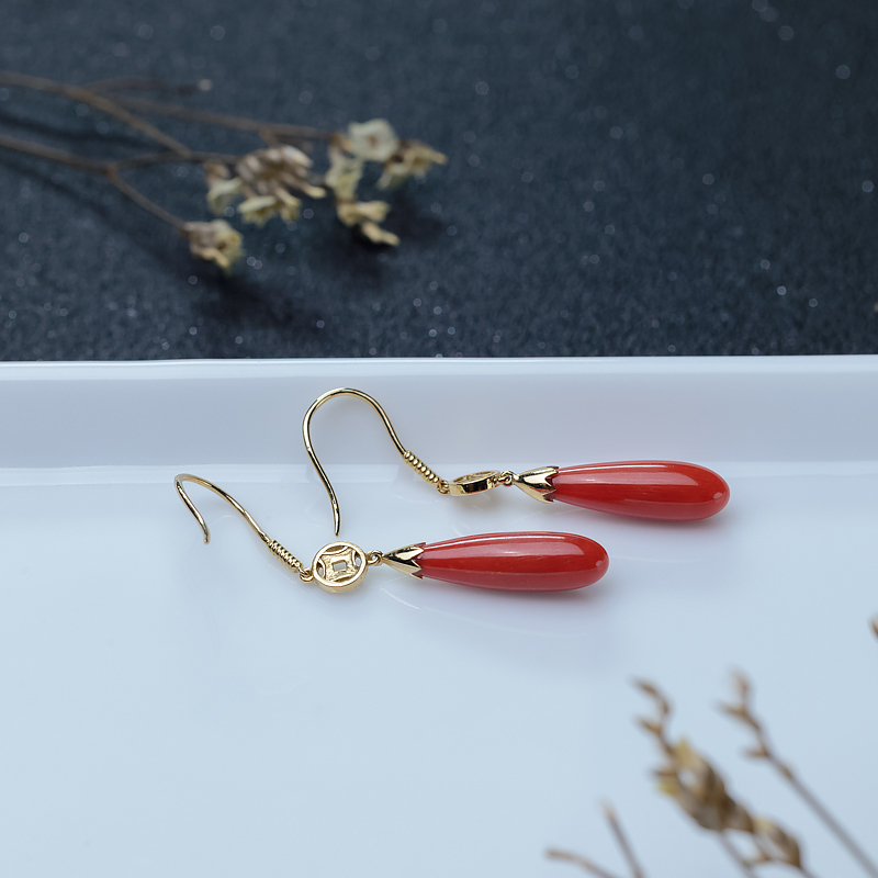 金镶沙丁珊瑚水滴耳坠-红掌柜
