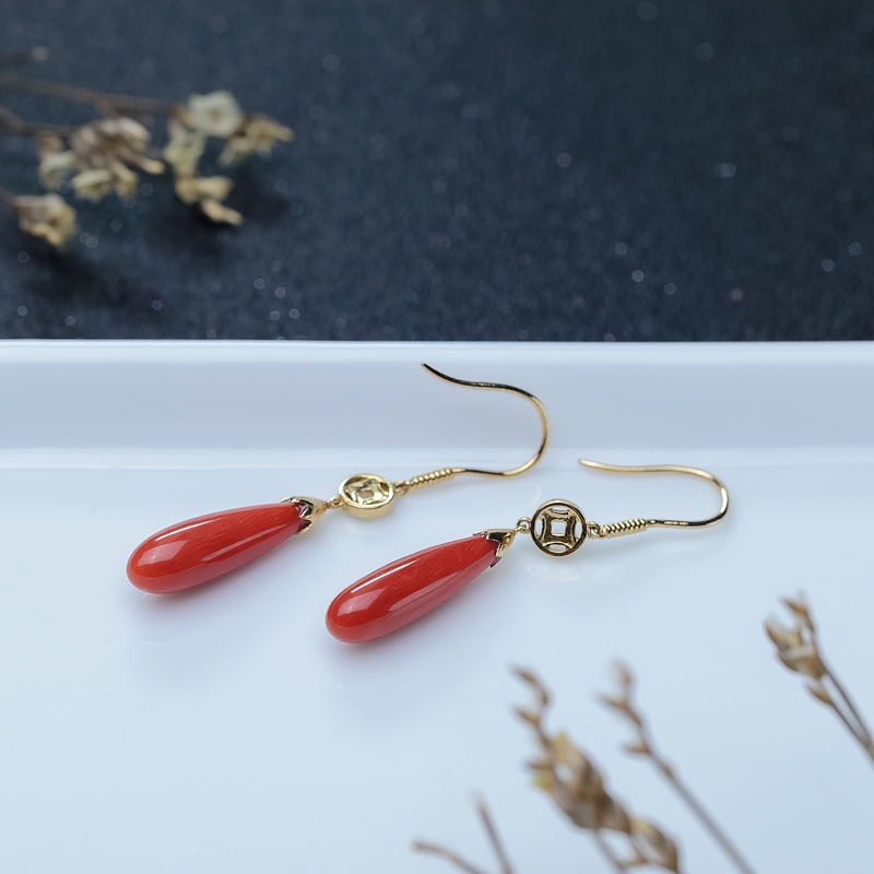沙丁珊瑚水滴耳坠-红掌柜