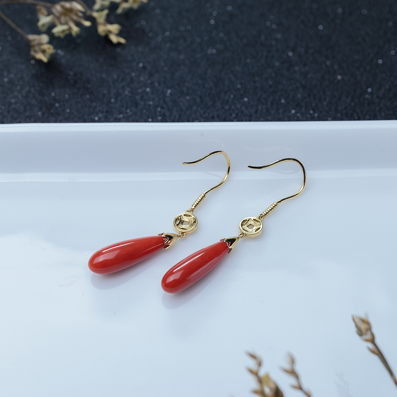 18K金镶珊瑚水滴耳坠-红掌柜