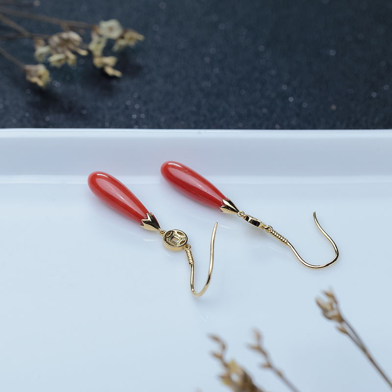 18K金镶沙丁珊瑚耳坠-红掌柜