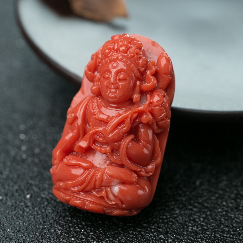 天然MOMO珊瑚度母吊坠-红掌柜