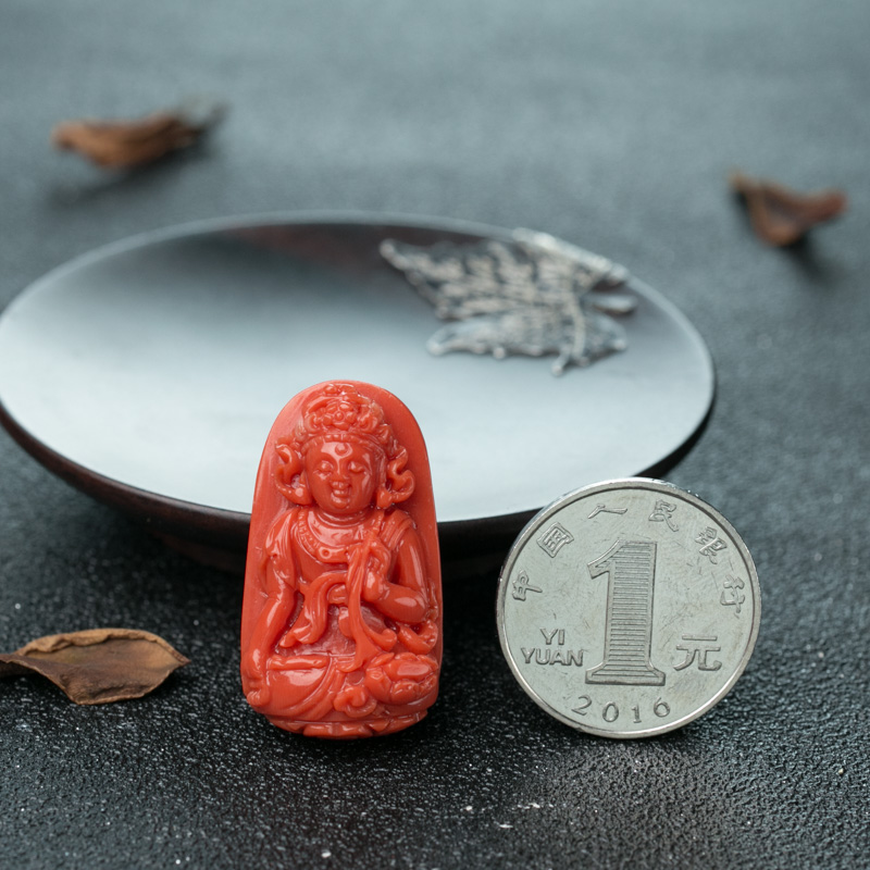 台湾天然珊瑚度母吊坠-红掌柜
