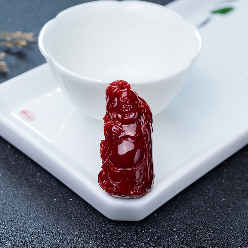 天然阿卡牛血红珊瑚弥勒佛吊坠-红掌柜