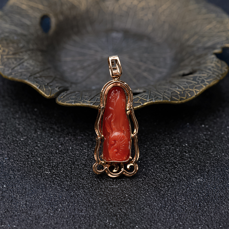 18K金镶钻珊瑚观音吊坠-红掌柜