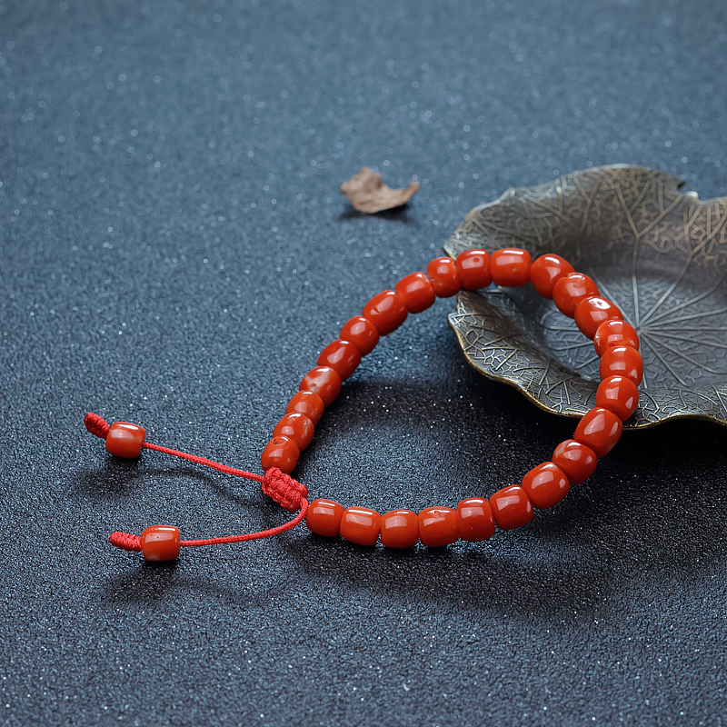 日本天然阿卡珊瑚桶珠单圈手串-红掌柜