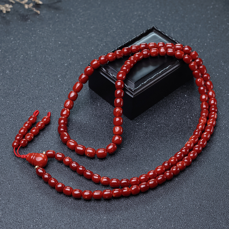 阿卡红珊瑚桶珠108佛珠-红掌柜