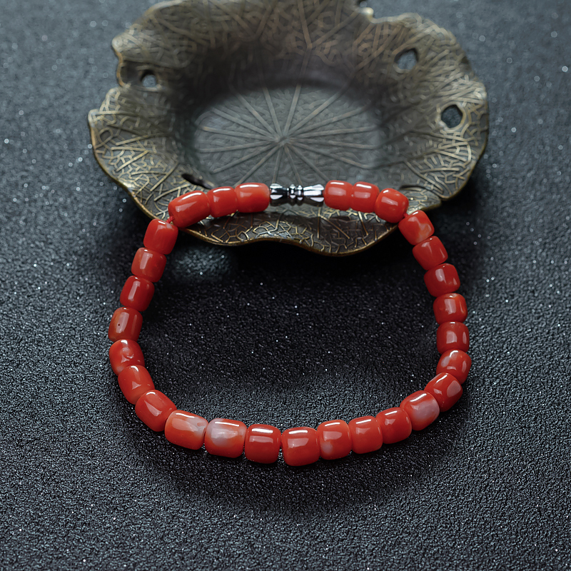 台湾阿卡珊瑚桶珠单圈手串-红掌柜