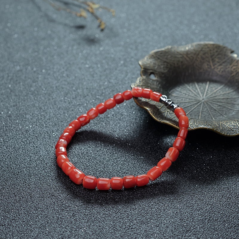 日本天然阿卡珊瑚桶珠单圈手串-红掌柜
