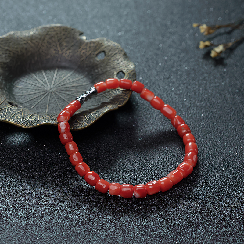 天然阿卡珊瑚桶珠单圈手串-红掌柜