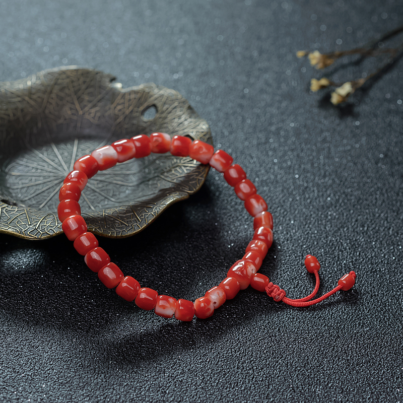 天然阿卡珊瑚桶珠单圈手串-红掌柜