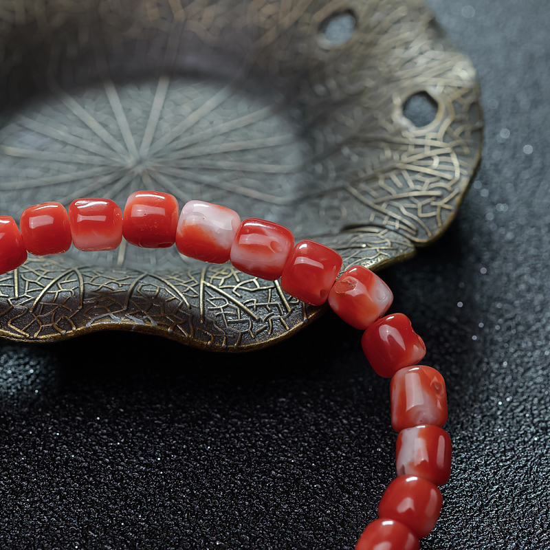 日本天然阿卡珊瑚桶珠手串-红掌柜