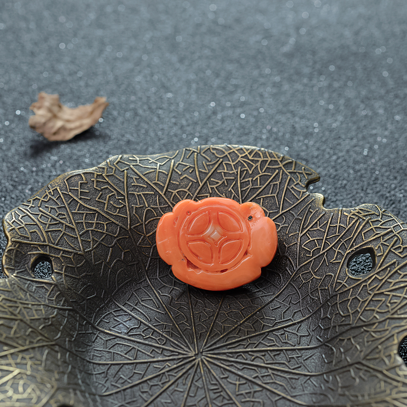 台湾天然珊瑚如意锁吊坠-红掌柜