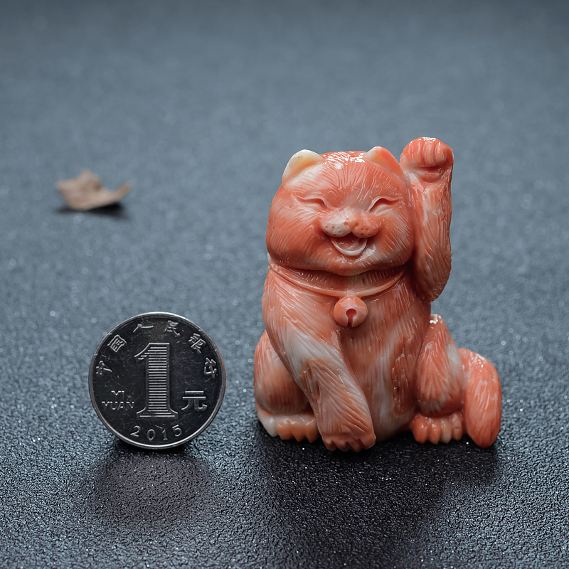 天然台湾MOMO珊瑚招财猫摆件-红掌柜