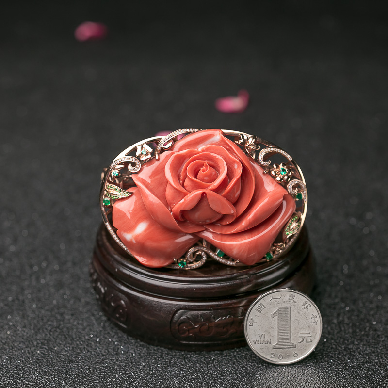 59.5mm天然台湾MOMO珊瑚玫瑰花手镯-红掌柜