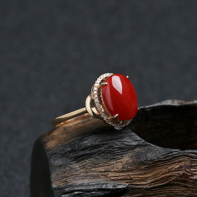 天然18K金镶钻阿卡珊瑚戒指 - 红掌柜