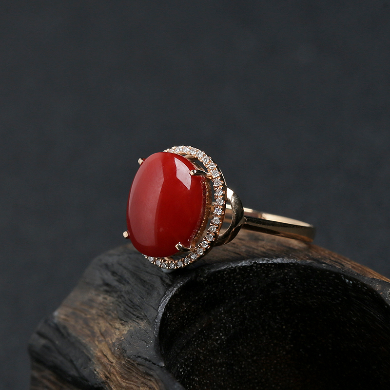 18K金镶钻阿卡珊瑚戒指 - 红掌柜