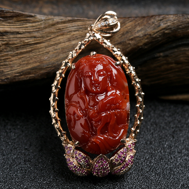 18K金镶钻日本天然阿卡珊瑚吊坠-红掌柜