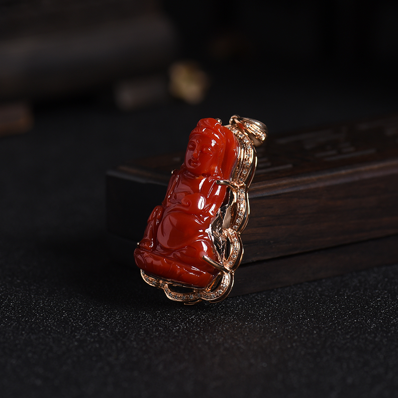 天然18K金镶钻阿卡牛血红珊瑚观音吊坠 - 红掌柜