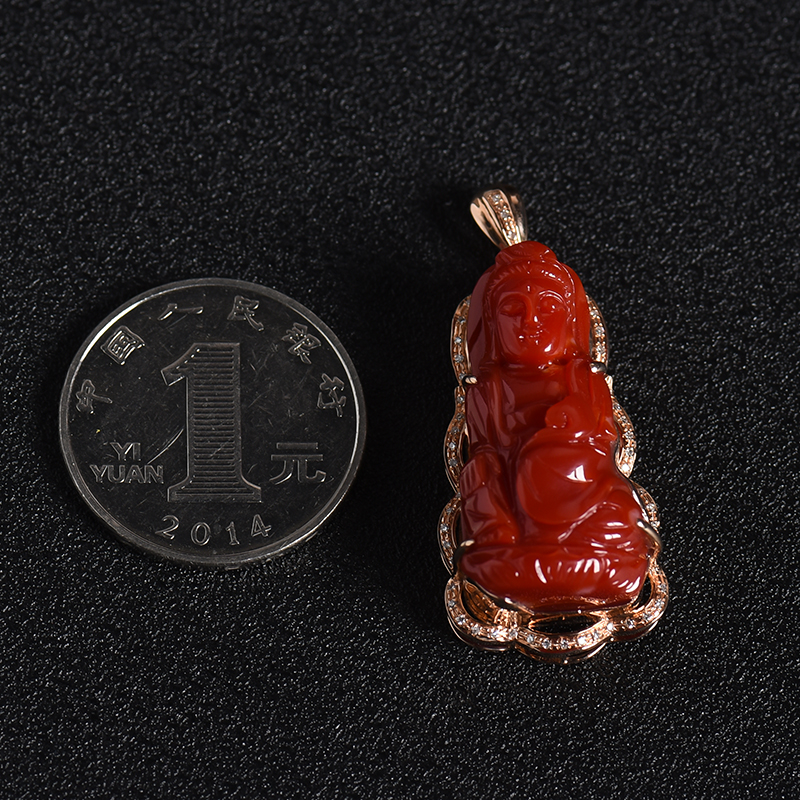 天然金镶钻阿卡牛血红珊瑚观音吊坠 - 红掌柜