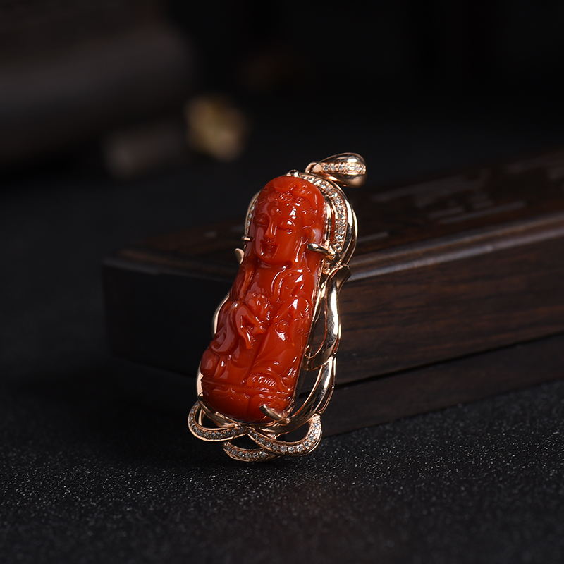 天然18K金镶钻阿卡牛血红珊瑚观音吊坠 - 红掌柜
