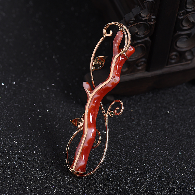 18K金镶钻阿卡红珊瑚树枝吊坠-红掌柜