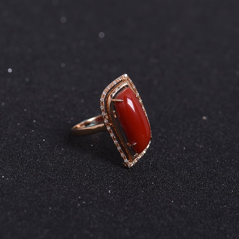 金镶钻阿卡红珊瑚戒指-红掌柜