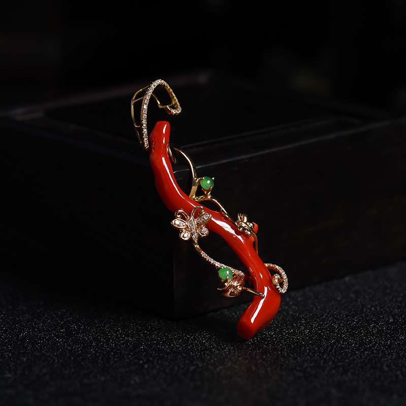 18K金意大利沙丁正红珊瑚原枝吊坠 - 红掌柜