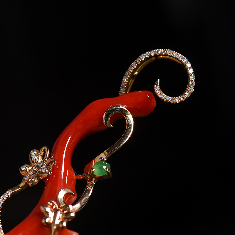 18K金意大利沙丁红珊瑚原枝吊坠 - 红掌柜