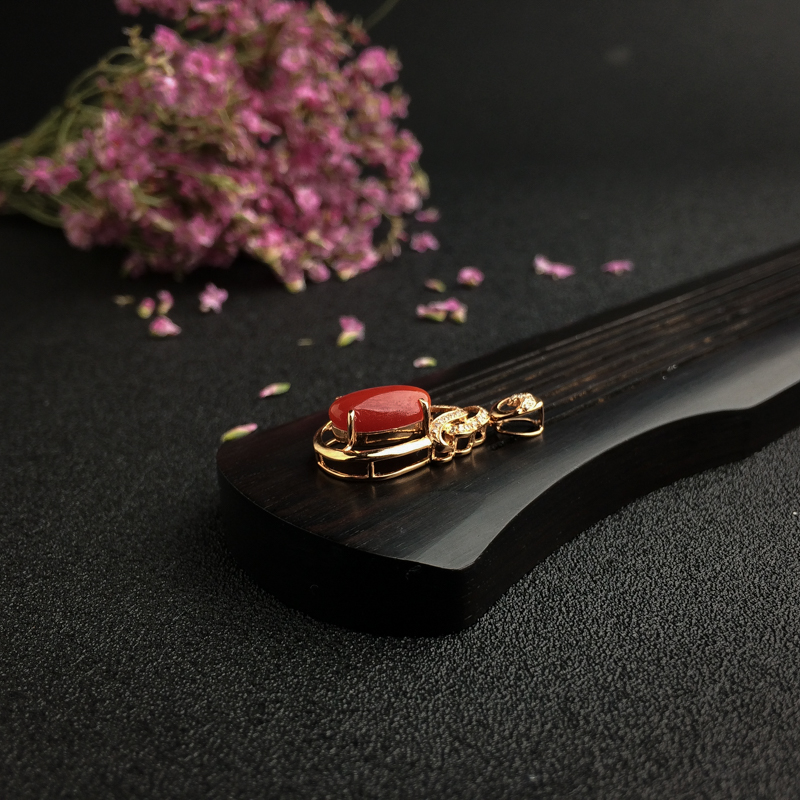 日本18K金镶钻阿卡红珊瑚吊坠 - 红掌柜