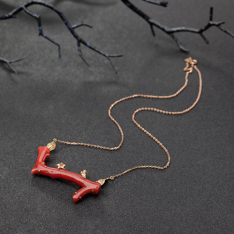 日本天然18K金镶钻阿卡正红珊瑚锁骨链 - 红掌柜