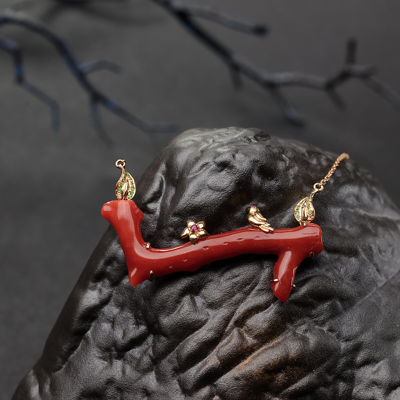 天然18K金镶钻阿卡正红珊瑚锁骨链 - 红掌柜