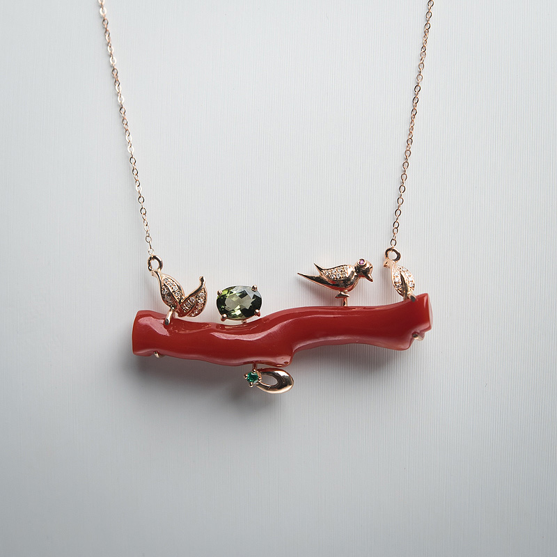 18K金镶钻阿卡正红珊瑚锁骨链-红掌柜