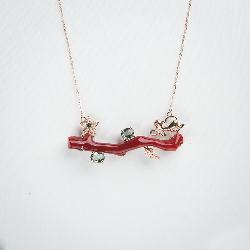 18K金镶钻阿卡深红珊瑚锁骨链-红掌柜