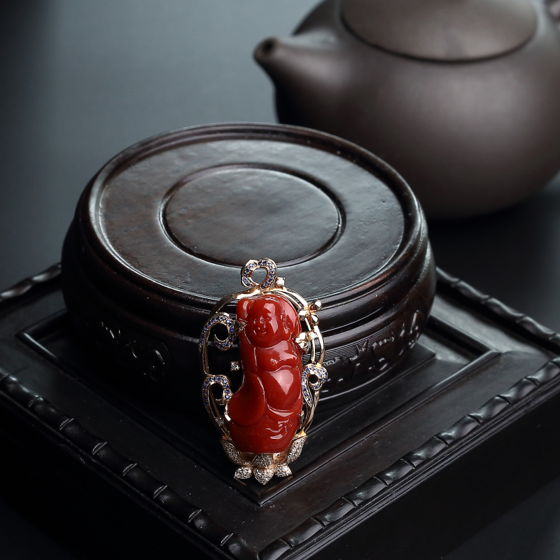 18k金镶珊瑚佛吊坠-红掌柜