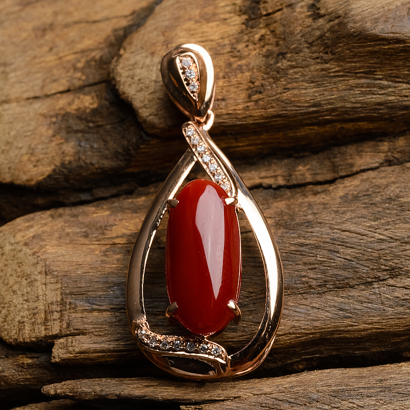 18K金镶钻阿卡辣椒红珊瑚吊坠 - 红掌柜