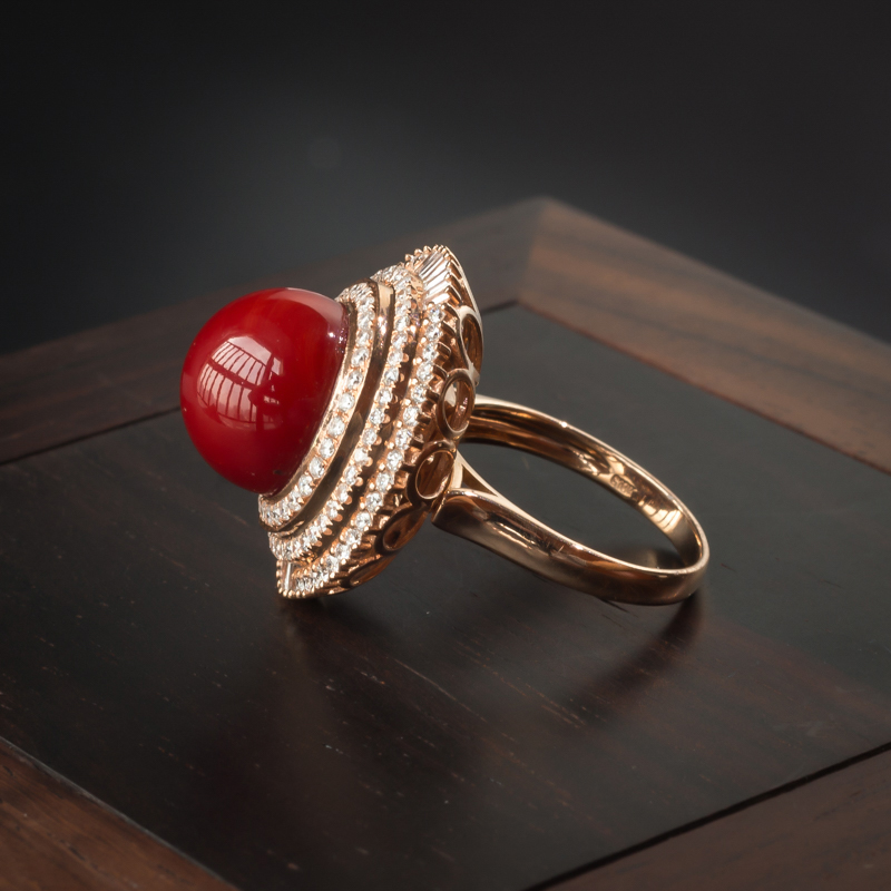 18K金镶钻日本阿卡牛血红珊瑚吊坠戒指两用 - 红掌柜