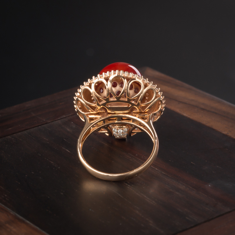 K金镶钻日本阿卡牛血红珊瑚吊坠戒指两用 - 红掌柜