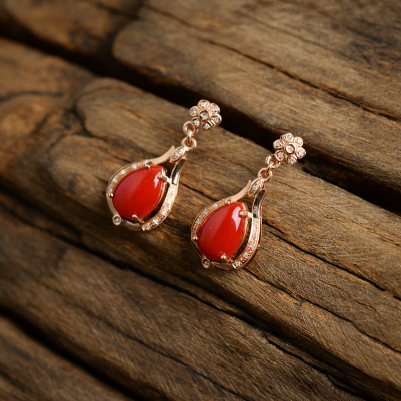 18K金红珊瑚耳环-红掌柜