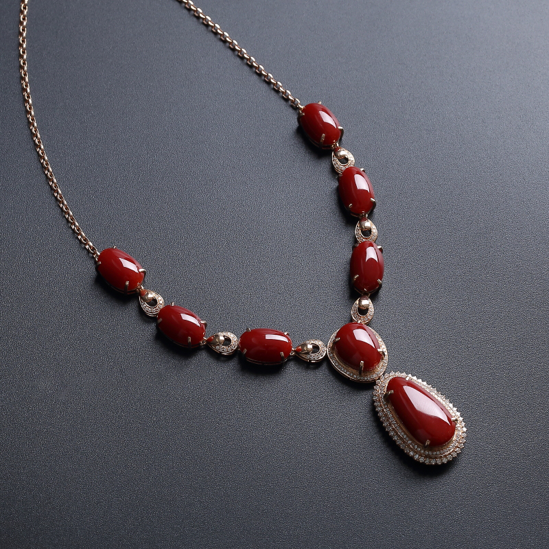 18K金镶钻日本阿卡牛血红珊瑚项链-红掌柜
