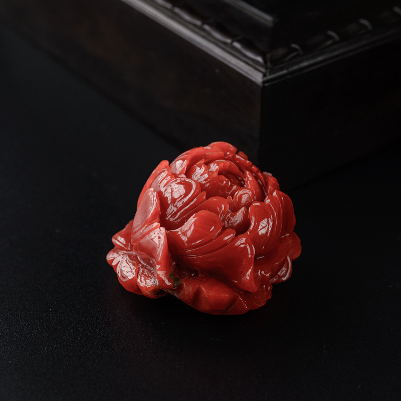 日本天然阿卡红珊瑚牡丹花吊坠-红掌柜