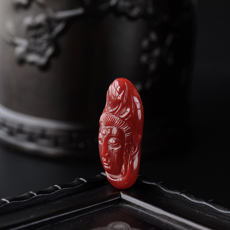 天然阿卡牛血红珊瑚观音头像吊坠-红掌柜