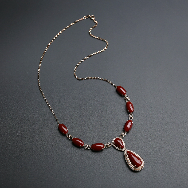 金镶钻天然阿卡黑牛血红珊瑚项链-红掌柜
