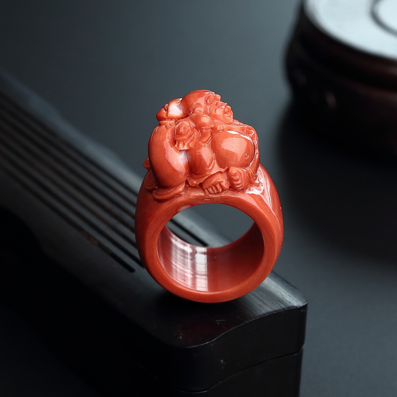 天然MOMO红珊瑚弥勒佛扳指-红掌柜