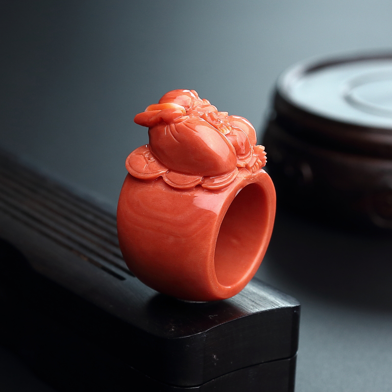 台湾MOMO红珊瑚弥勒佛扳指-红掌柜