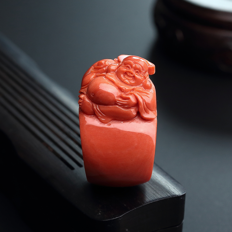 台湾天然红珊瑚弥勒佛扳指-红掌柜