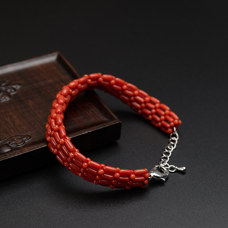 天然沙丁珊瑚豆形手链-红掌柜