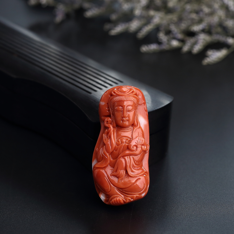 台湾天然MOMO红珊瑚观音吊坠 - 红掌柜