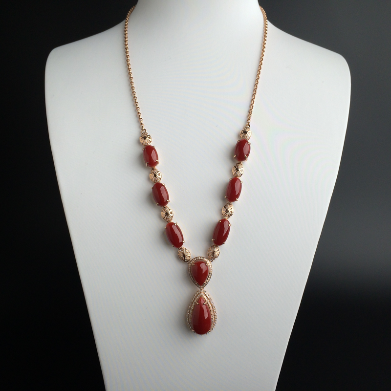 18K金镶钻红珊瑚项链-红掌柜